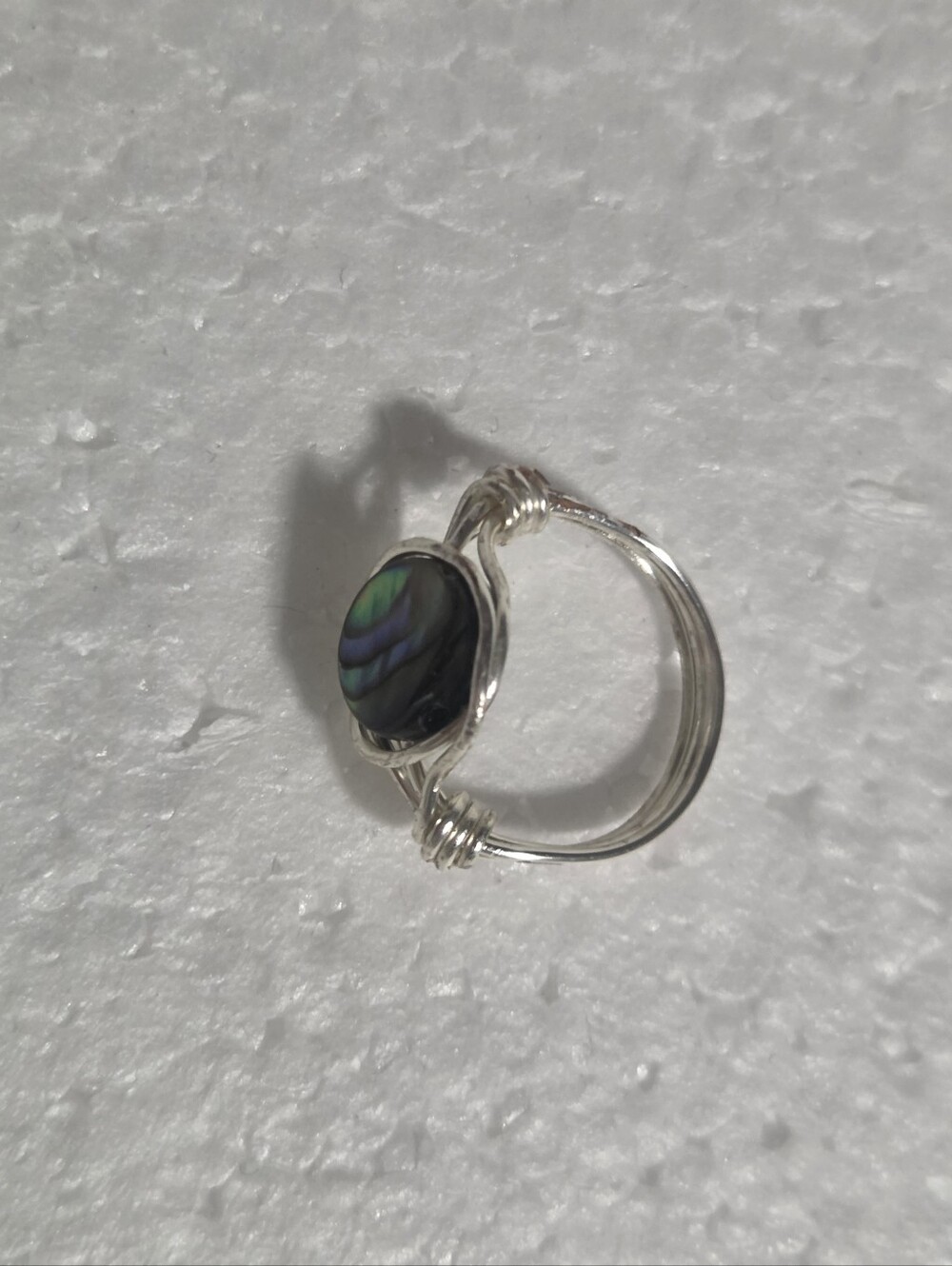 Handcrafted Silver Wire-Wrapped Abalone Shell Pinky Ring - Iridescent Green/Blue